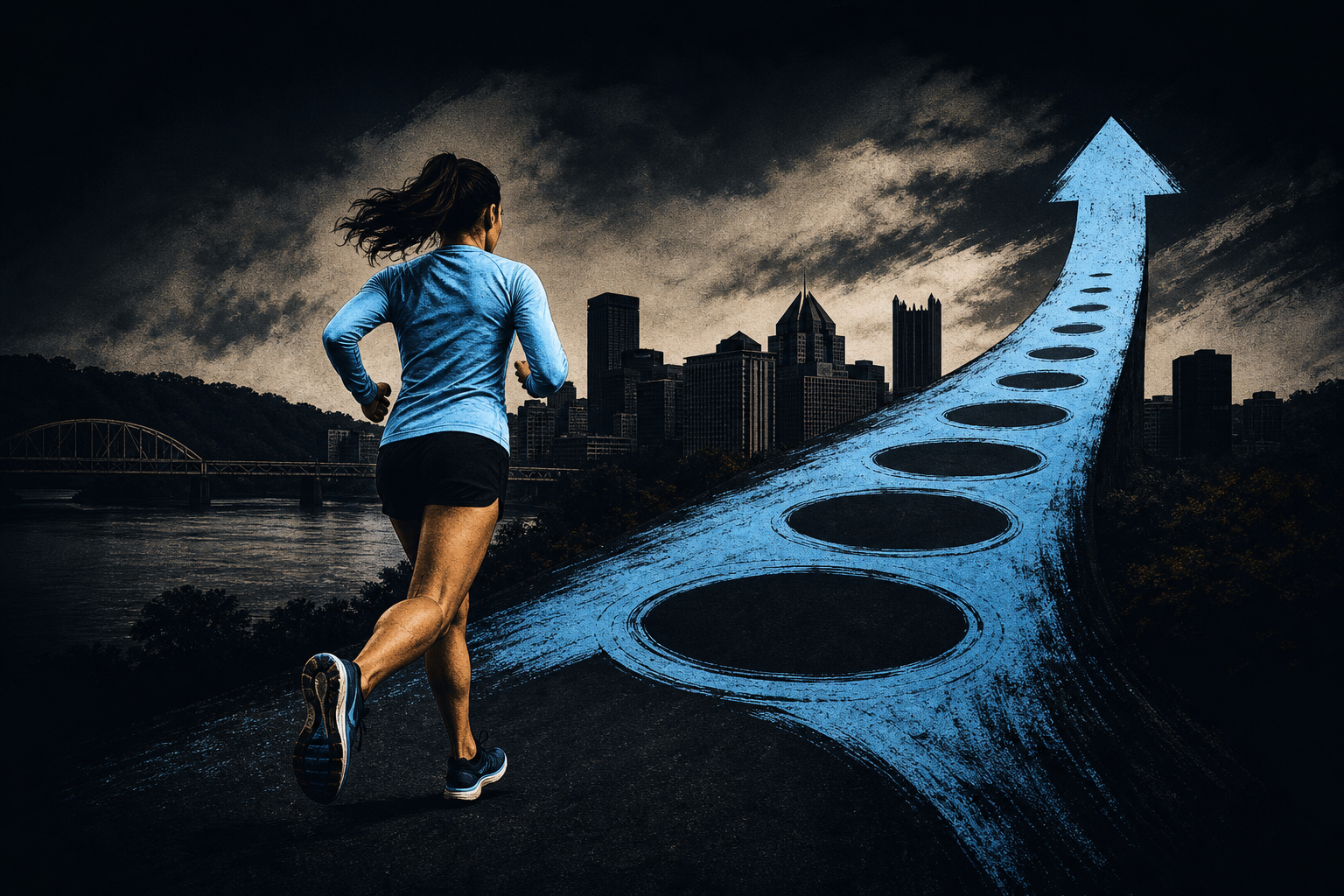 Runner on a Pittsburgh road at dawn with the city skyline behind and a blue arrow climbing ahead