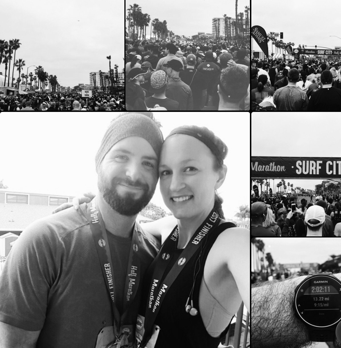 Nick and Laura with finisher medals at the Surf City half marathon