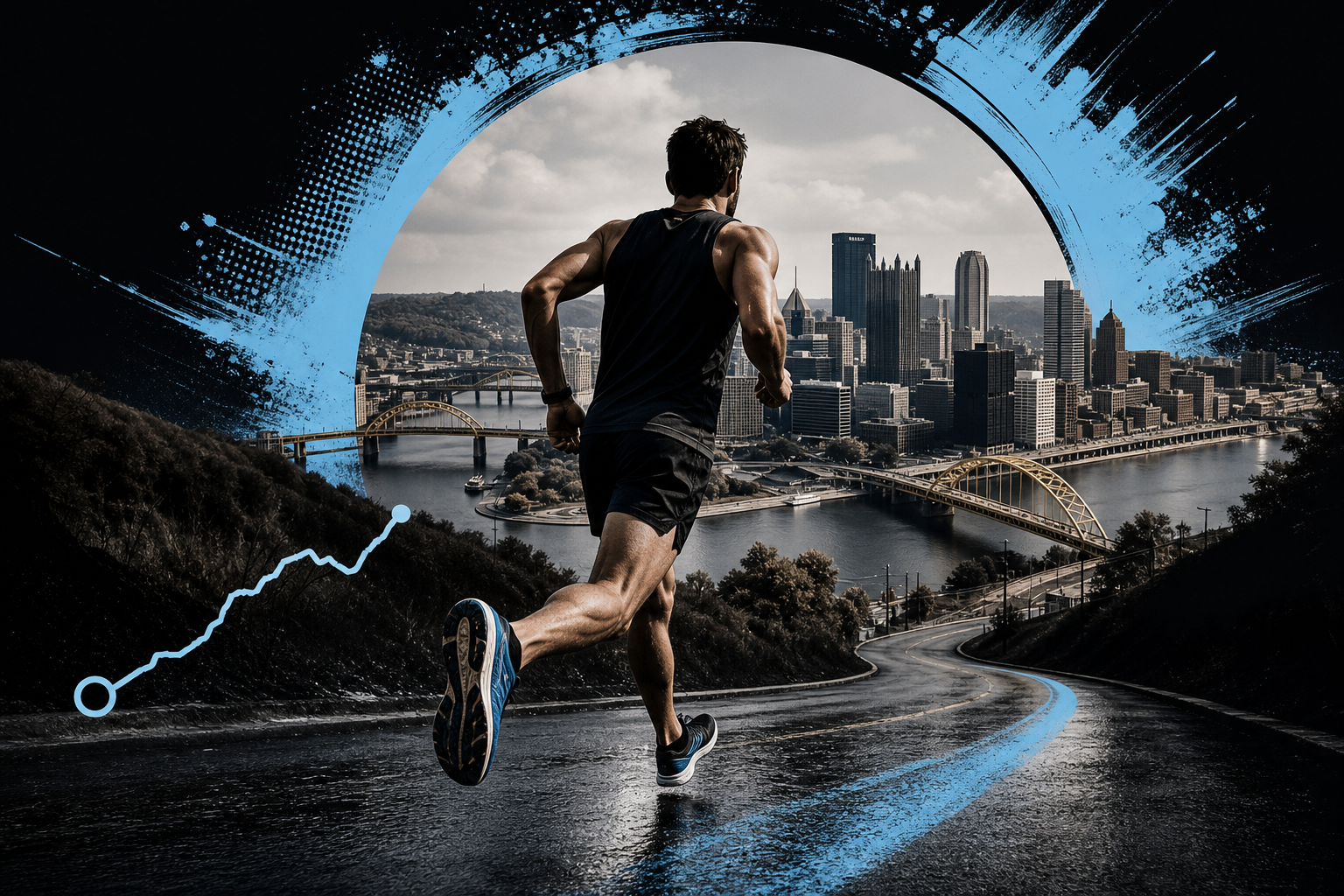 Runner heading toward the Pittsburgh skyline and river bridges