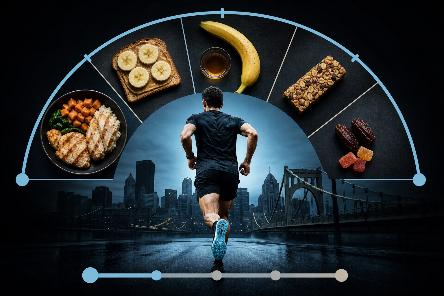 Runner heading toward the Pittsburgh skyline surrounded by pre-run foods: banana, toast with peanut butter, rice and chicken, energy bar, dates and chews