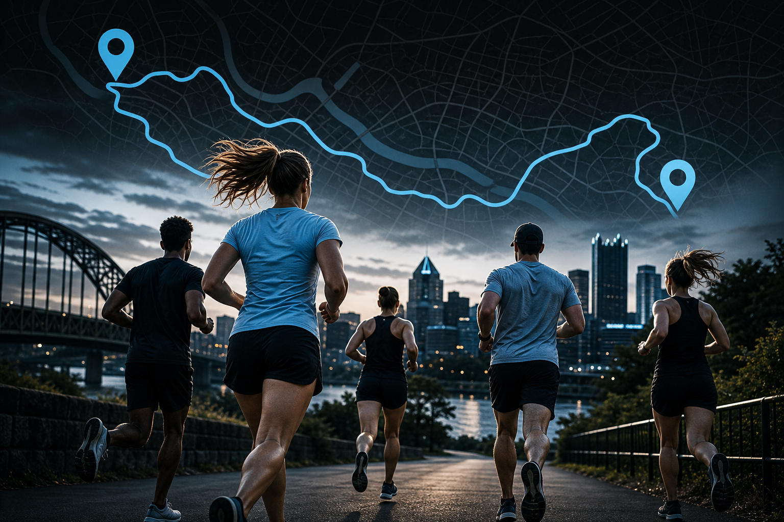 Runners on a Pittsburgh trail at dawn with the city skyline and a mapped route overhead
