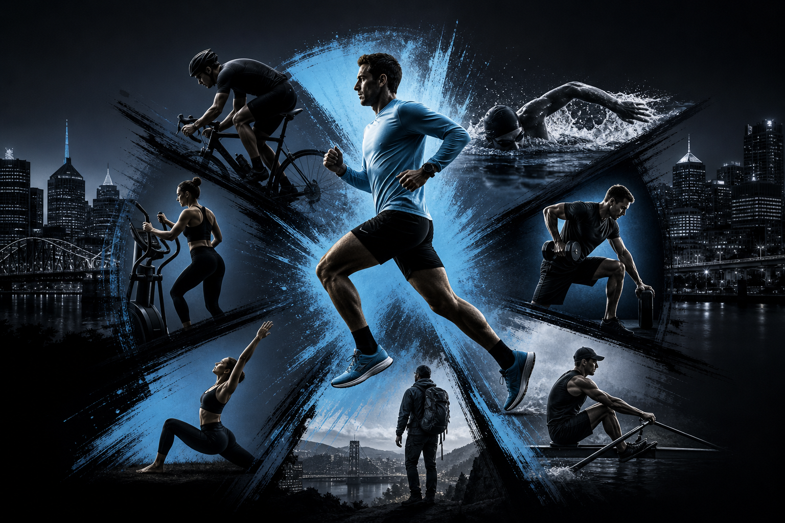 Composite of a runner, cyclist, swimmer, rower, and lifter training at night with the Pittsburgh skyline behind them