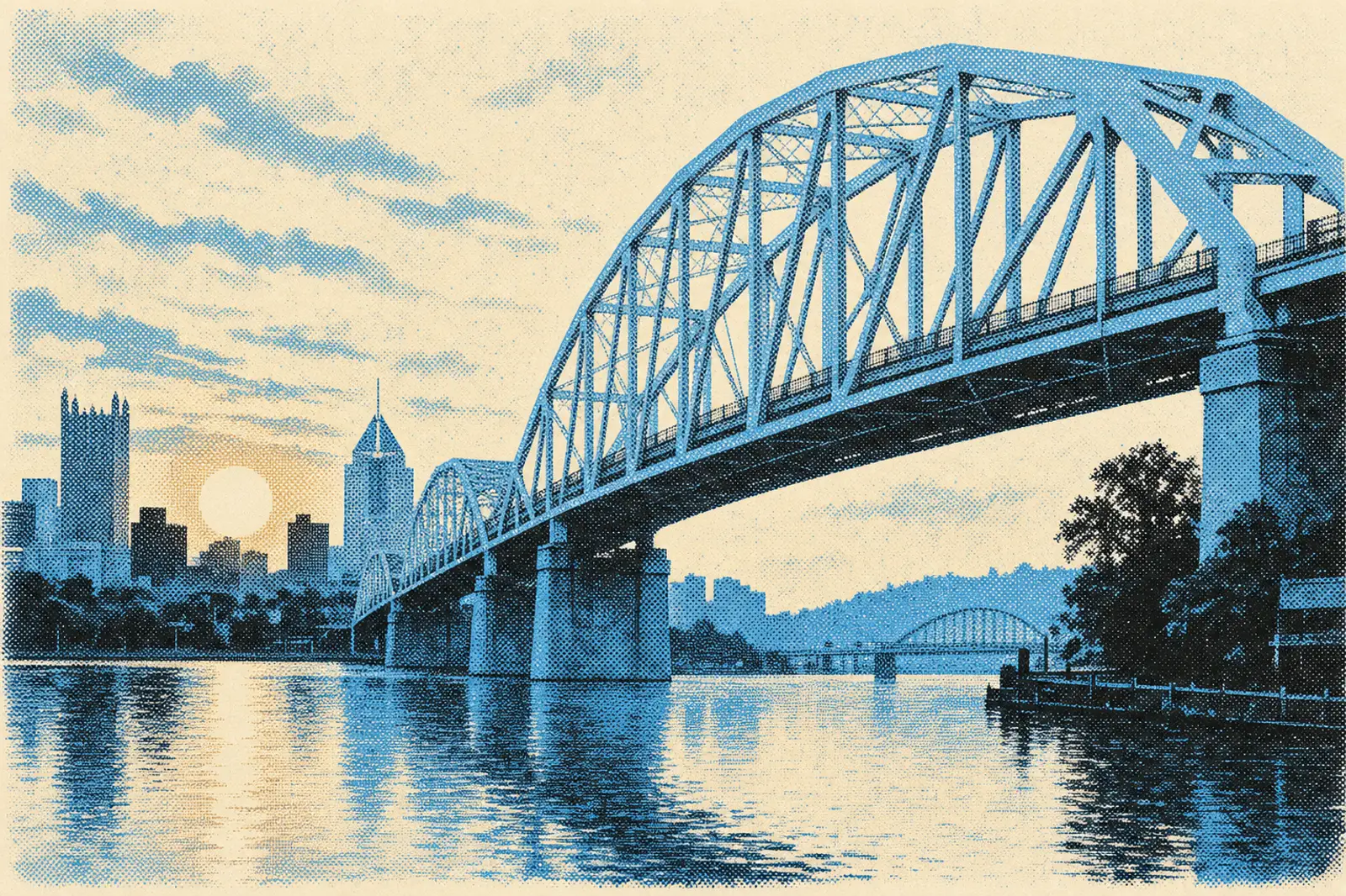 Halftone illustration of a Pittsburgh bridge over the river at sunrise with the downtown skyline